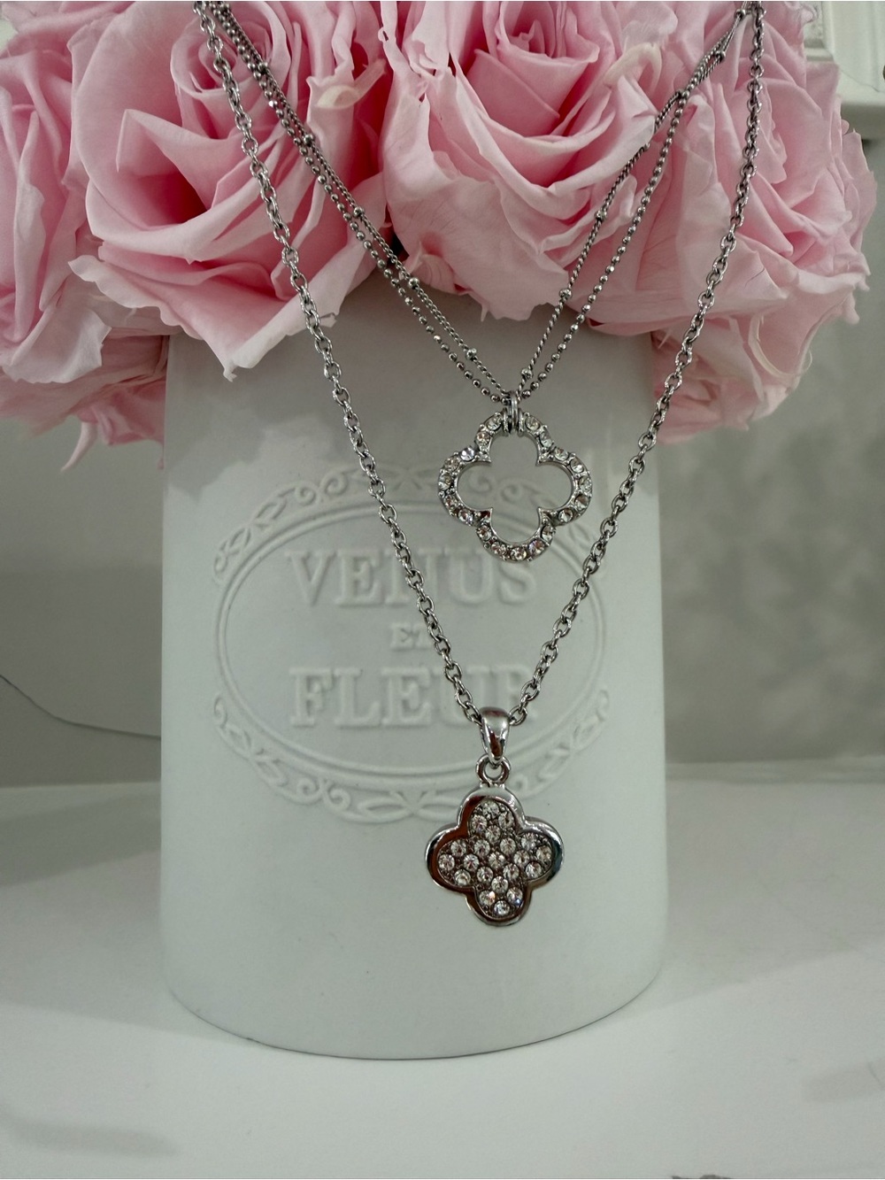 Silver Double-Layer Clover Pendant Necklaces